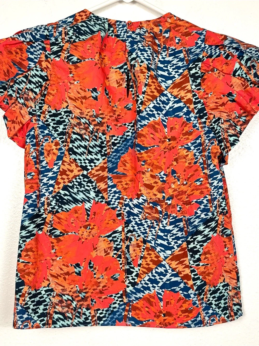 Ulla Johnson Iren Orange & Blue Cotton Puff Sleeve Blouse Top Size 0